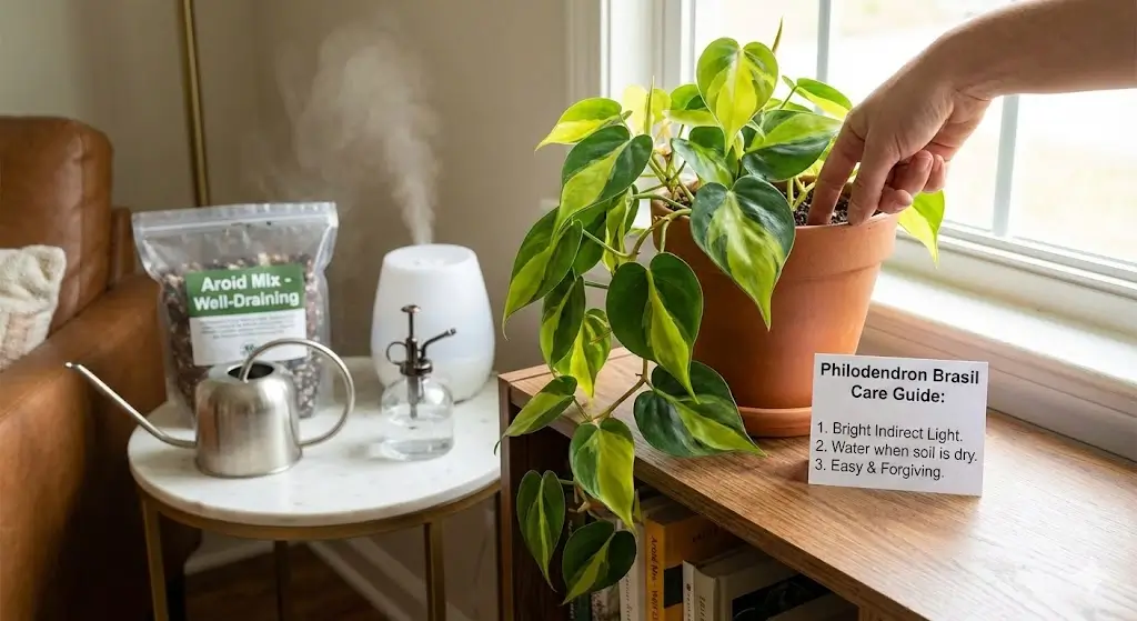 A complete Philodendron Brasil care guide covering light, watering, soil, and easy tips for healthy growth.