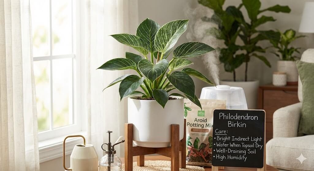 A complete Philodendron Birkin care guide covering light, watering, humidity, soil, and easy growth tips.