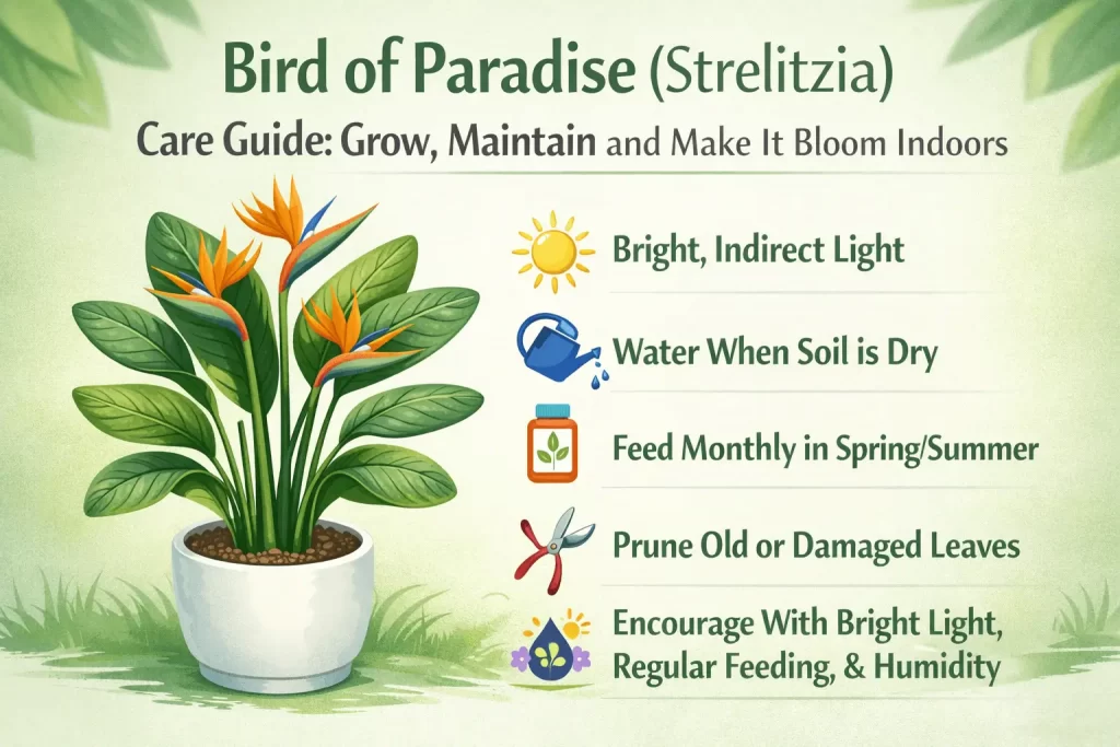 Bird of Paradise Strelitzia indoor plant care and blooming guide in home setting