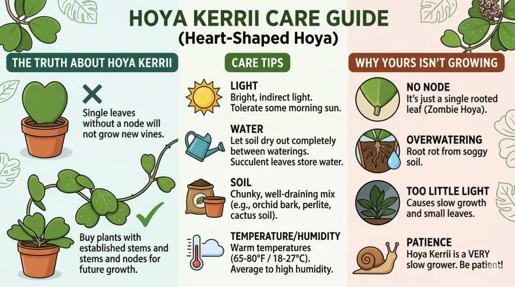 Heart-shaped Hoya kerrii plant in pot with single leaf and vine growth