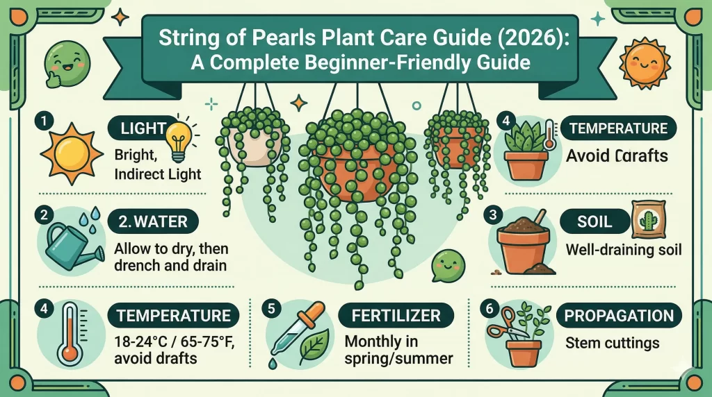 String of pearls plant with round bead-like leaves cascading from pot