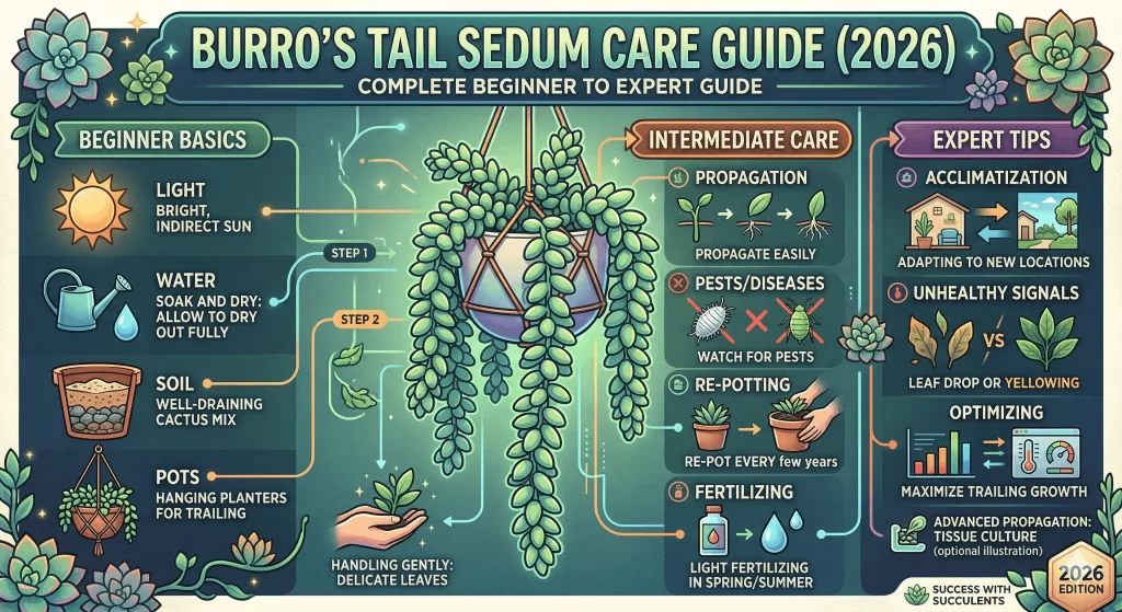 Burro’s tail sedum plant with thick trailing stems and plump leaves