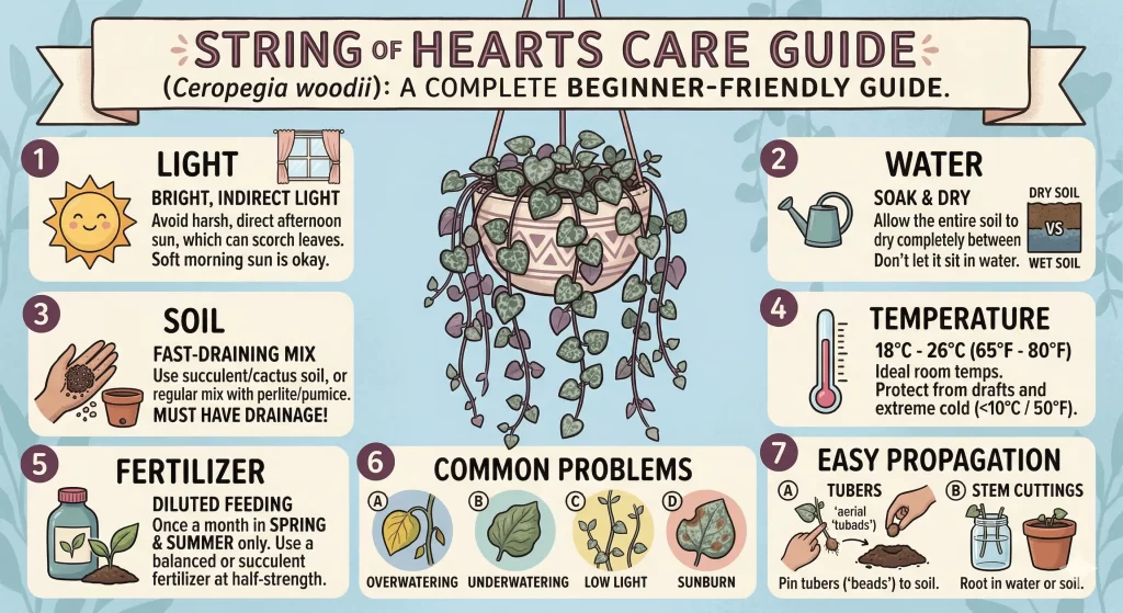 String of hearts plant with trailing vines and purple green heart leaves