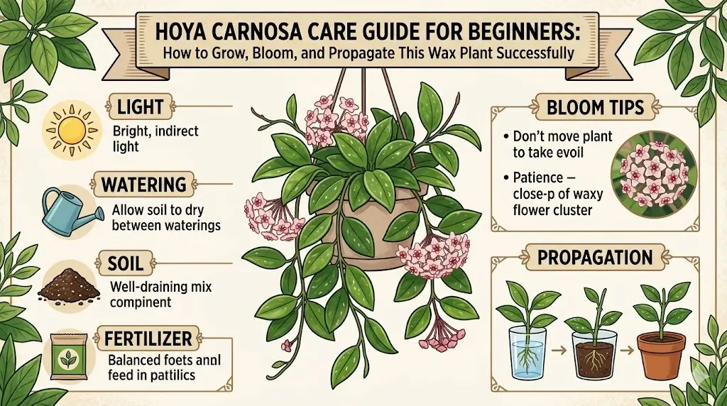 Healthy Hoya carnosa wax plant with thick green leaves growing indoors