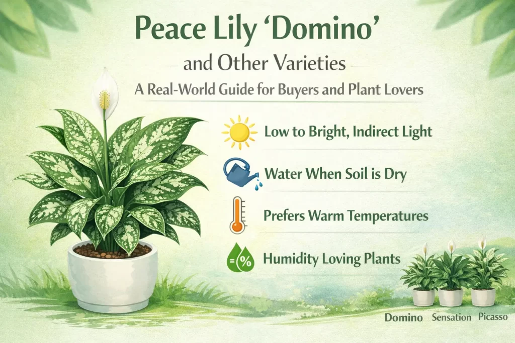 Peace Lily Domino and other varieties plant care and buying guide for indoor plants
