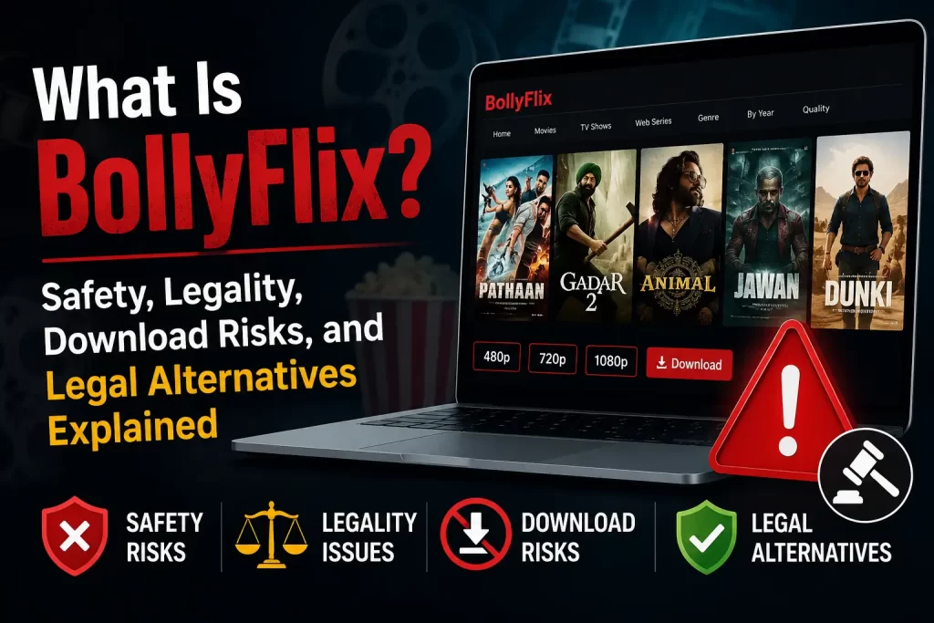 What Is BollyFlix? Featured image illustrating safety concerns, legality, download risks, and legal streaming alternatives.