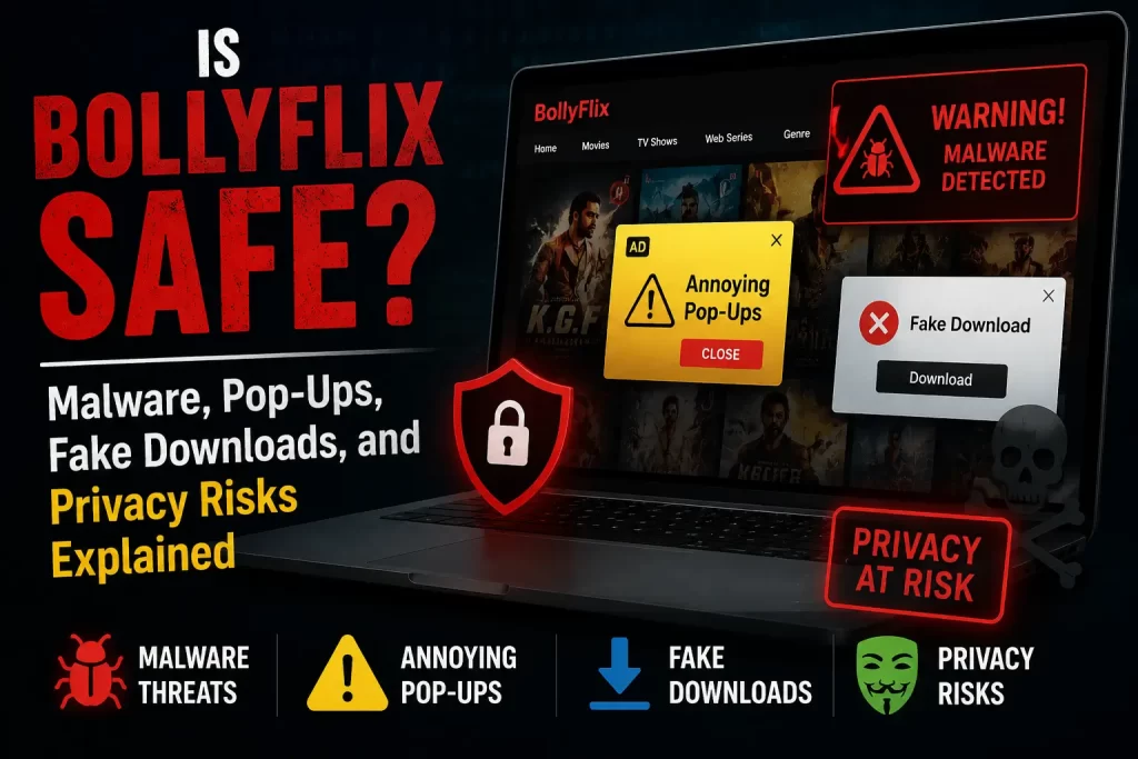 Is BollyFlix safe? Illustration showing malware warnings, fake download buttons, pop-ups, and privacy risks associated with unofficial streaming websites.