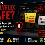 Is BollyFlix safe? Illustration showing malware warnings, fake download buttons, pop-ups, and privacy risks associated with unofficial streaming websites.