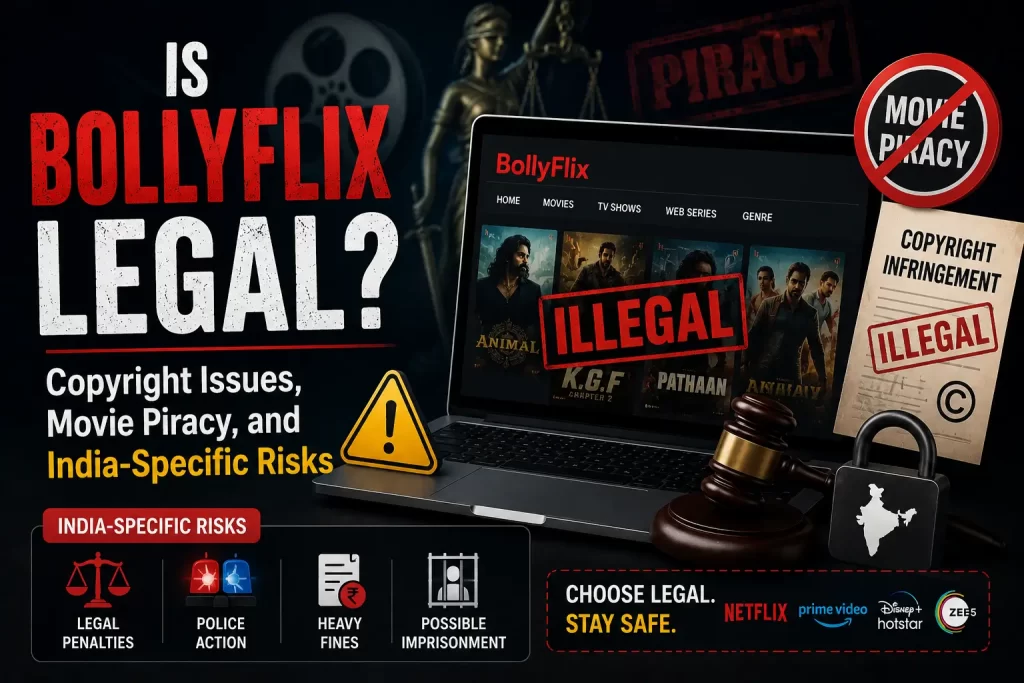 Is BollyFlix legal? Featured image illustrating copyright infringement, movie piracy, and India-specific legal risks associated with unofficial streaming websites.