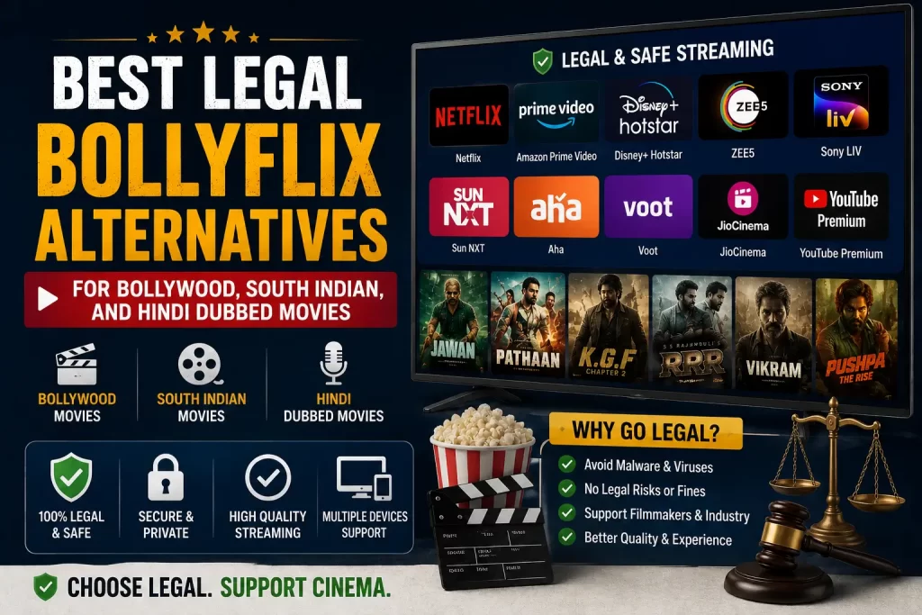 Best legal BollyFlix alternatives for streaming Bollywood, South Indian, and Hindi dubbed movies on licensed platforms.