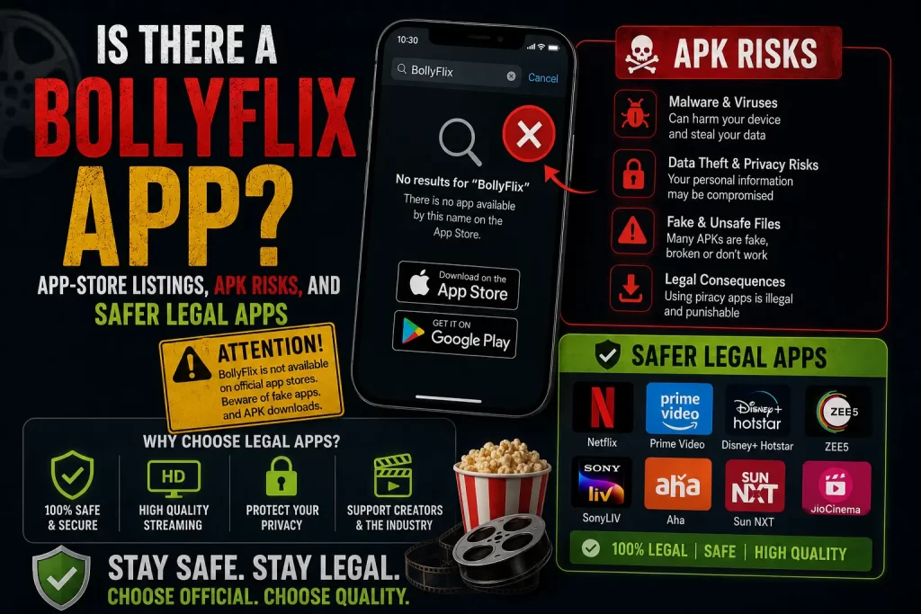 Is there a BollyFlix app? Featured image highlighting app store availability, APK download risks, fake apps, and safer legal streaming apps.