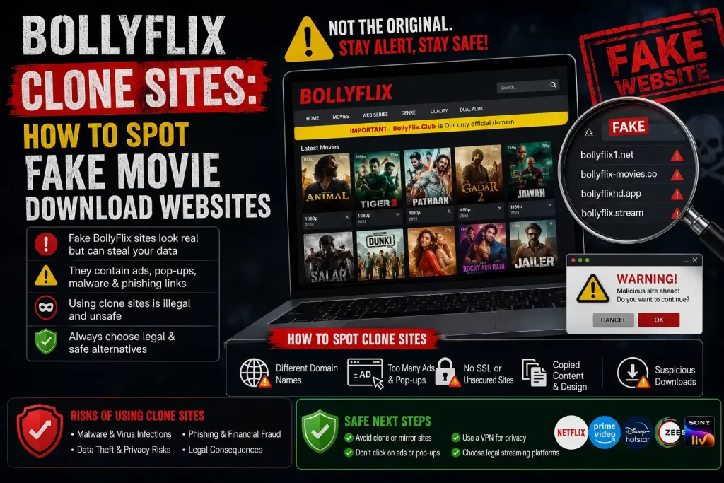 BollyFlix clone sites infographic showing how to identify fake movie download websites and avoid security risks