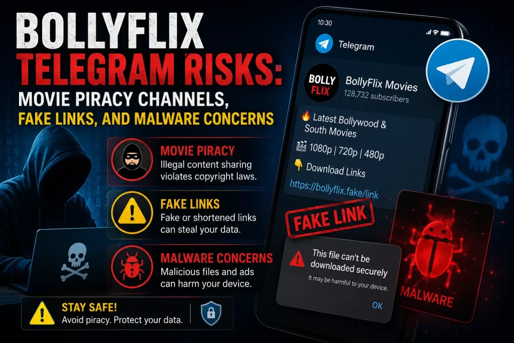 BollyFlix Telegram risks showing fake movie piracy channels, malicious download links, malware threats, and online security warnings.