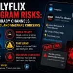BollyFlix Telegram risks showing fake movie piracy channels, malicious download links, malware threats, and online security warnings.