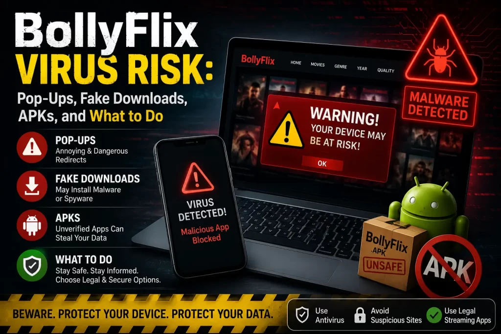 Illustration showing BollyFlix virus risks including malicious pop-ups, fake download buttons, unsafe APK files, malware warnings, and tips for staying safe online.
