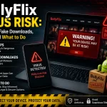 Illustration showing BollyFlix virus risks including malicious pop-ups, fake download buttons, unsafe APK files, malware warnings, and tips for staying safe online.