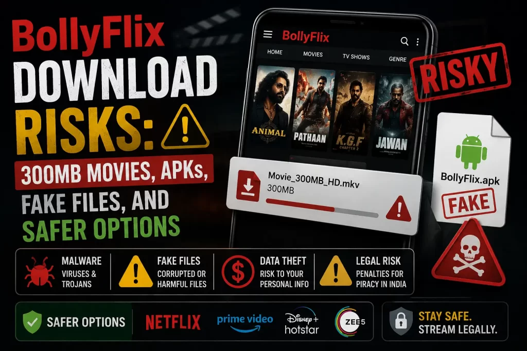 BollyFlix download risks featuring 300MB movies, APK files, fake downloads, malware threats, and safer legal streaming alternatives.